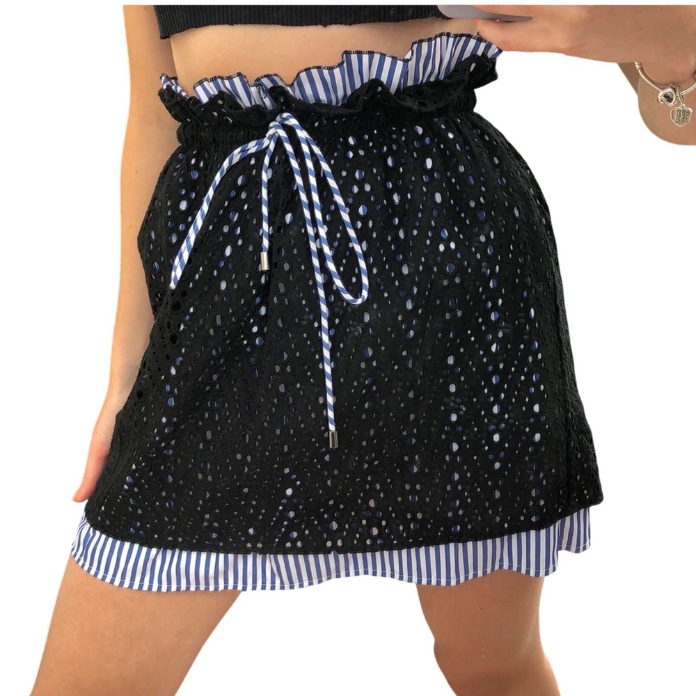 Zara Black Broderie Anglaise Skirt Blue White Stripe Ruffle Hem M